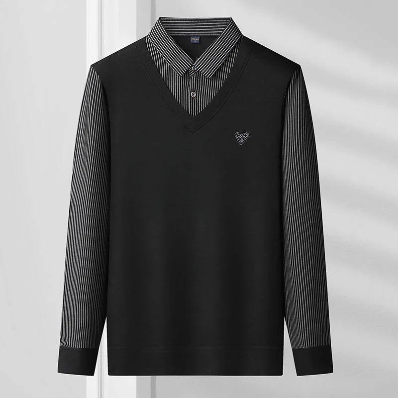 Mens Autumn Clothes Polo Collar Sweater Fake 2 Pieces Striped Velvet Jumpers Slim Fit Pullovers Elegant Knitted Sweaters