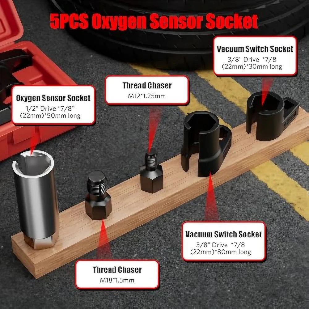 5pcs Oxygen Sensor Wrench Kit for Automotive O2 Socket Removal Install Offset Vacuum Sensor Socket Thread Chaser Tool