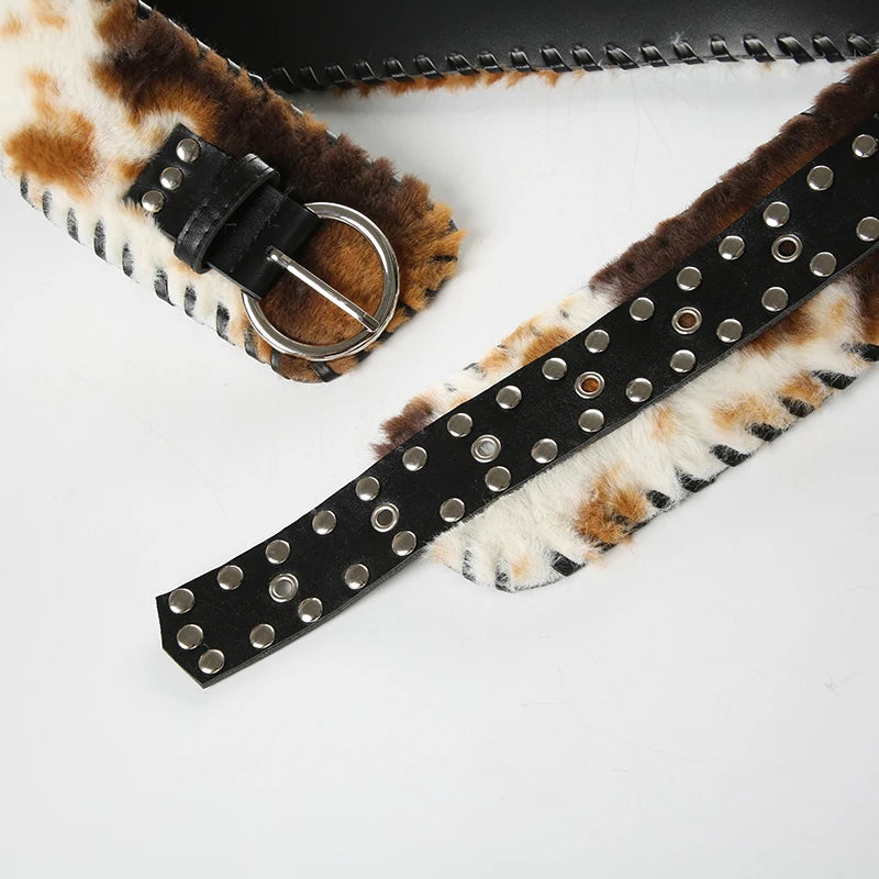 SUCHCUTE Vintage Faux Fur Patchwork Pu Leather Belt Punk Western Cowboy Accessories Y2K Women's Waistband Retro 2000s Decorative