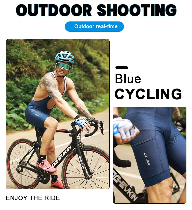 X-TIGER Blue Pro Men's Cycling Bib Shorts Bretelle Cyclist MTB Road Tights Bicycle Clothing ST-MULTI Cushion For 7 Hours Riding