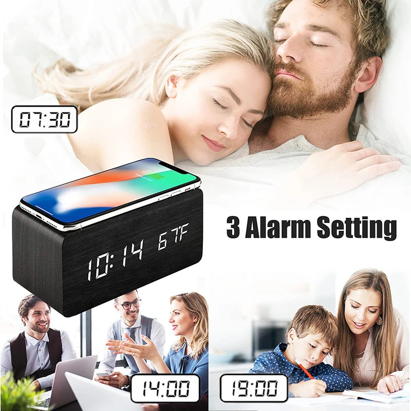 Wooden Digital Alarm Clock with Wireless Charging, LED Clock with Time, Date,Temperature, Desk Clocks for Office,Bedside Clock