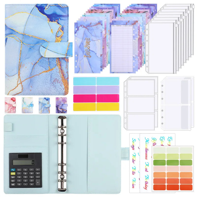 A6 Marble with Calculator Money Budget Planner Binder Zipper EnvelopesCash Envelopes For Budgeting Money Organizer Binde