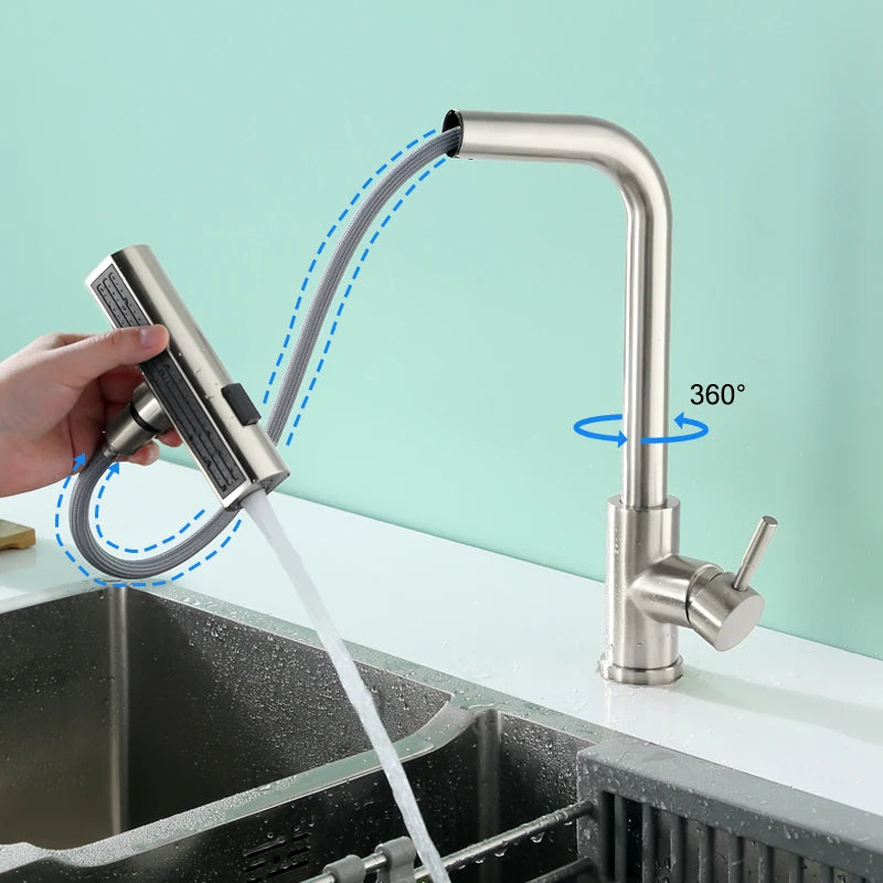 Baokemo stainless steel pull down water tap Single Handle sink three-in-one Hot And Cold kitchen faucet