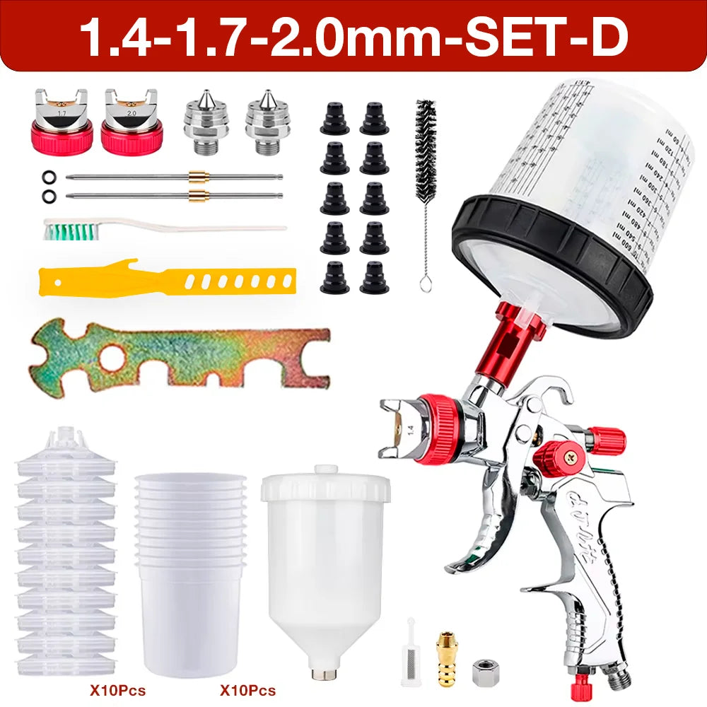 1.4mm 1.7mm 2.0mm Professional HVLP Spray Gun Home Automatic Paint Spray Gun Tool, 600ml No Clean Disposable Measuring Cup 10pcs