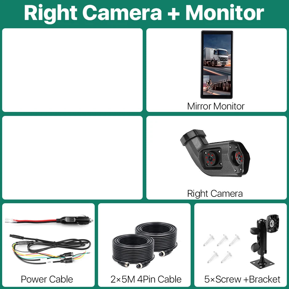 GreenYi BSD Radar Alarm Car DVR Video Recording 2 Channel AHD Side View Camera with Truck Buses 10.36 Inch Rear Mirror Monitor