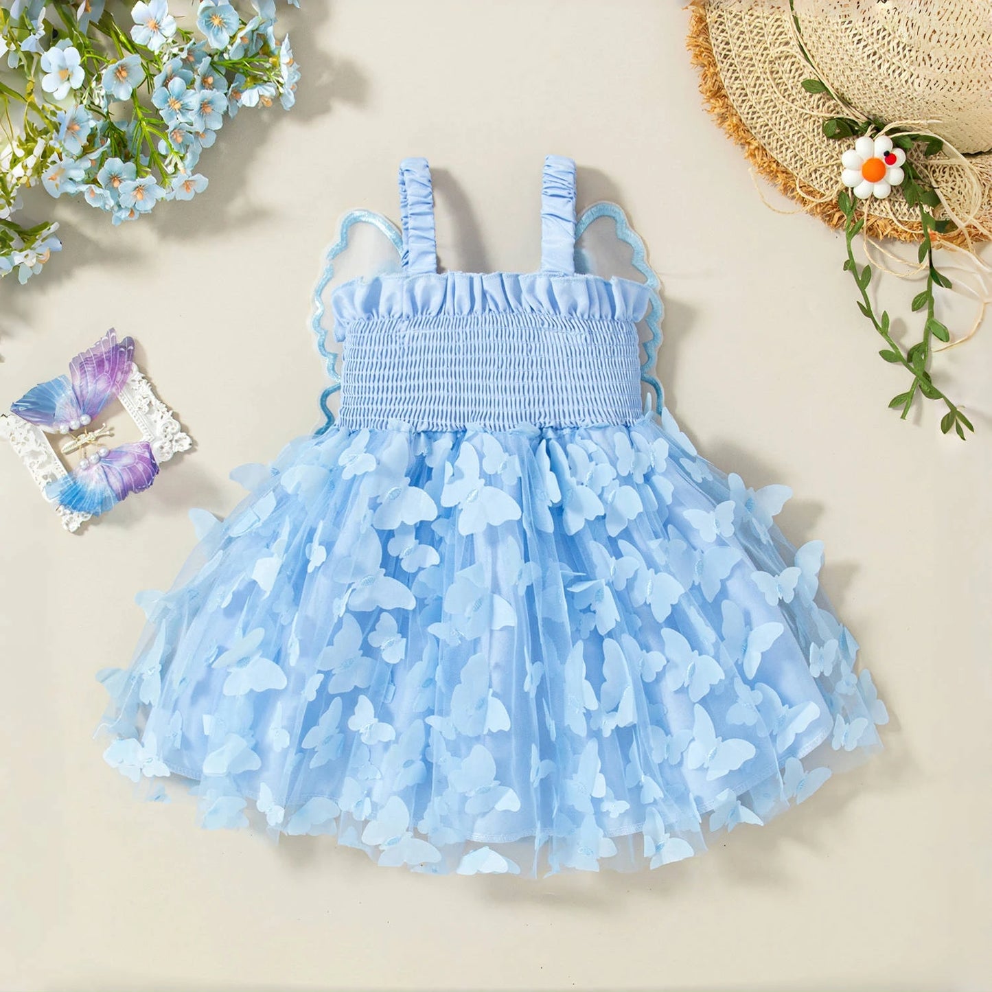 Summer New Baby Girl Suspender Dress Solid Color Butterfly Wing Gauze Dress Children's Birthday Party Dress