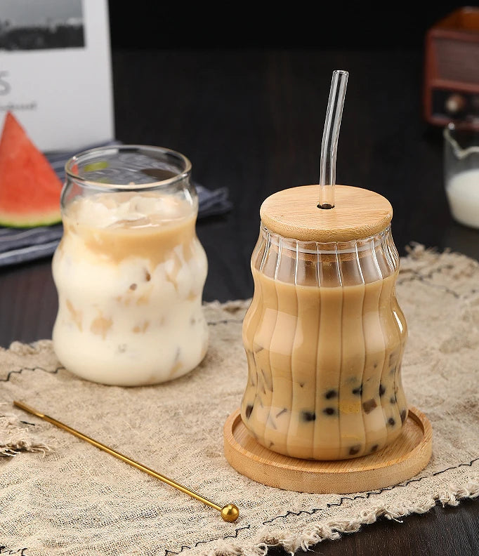 1/2pcs 500ml Glass Tumblers Cups With Straw Mason Jar Clear Juice Coffee Milk Cup With Bamboo Lids Drinkware Stripe Beer Mug