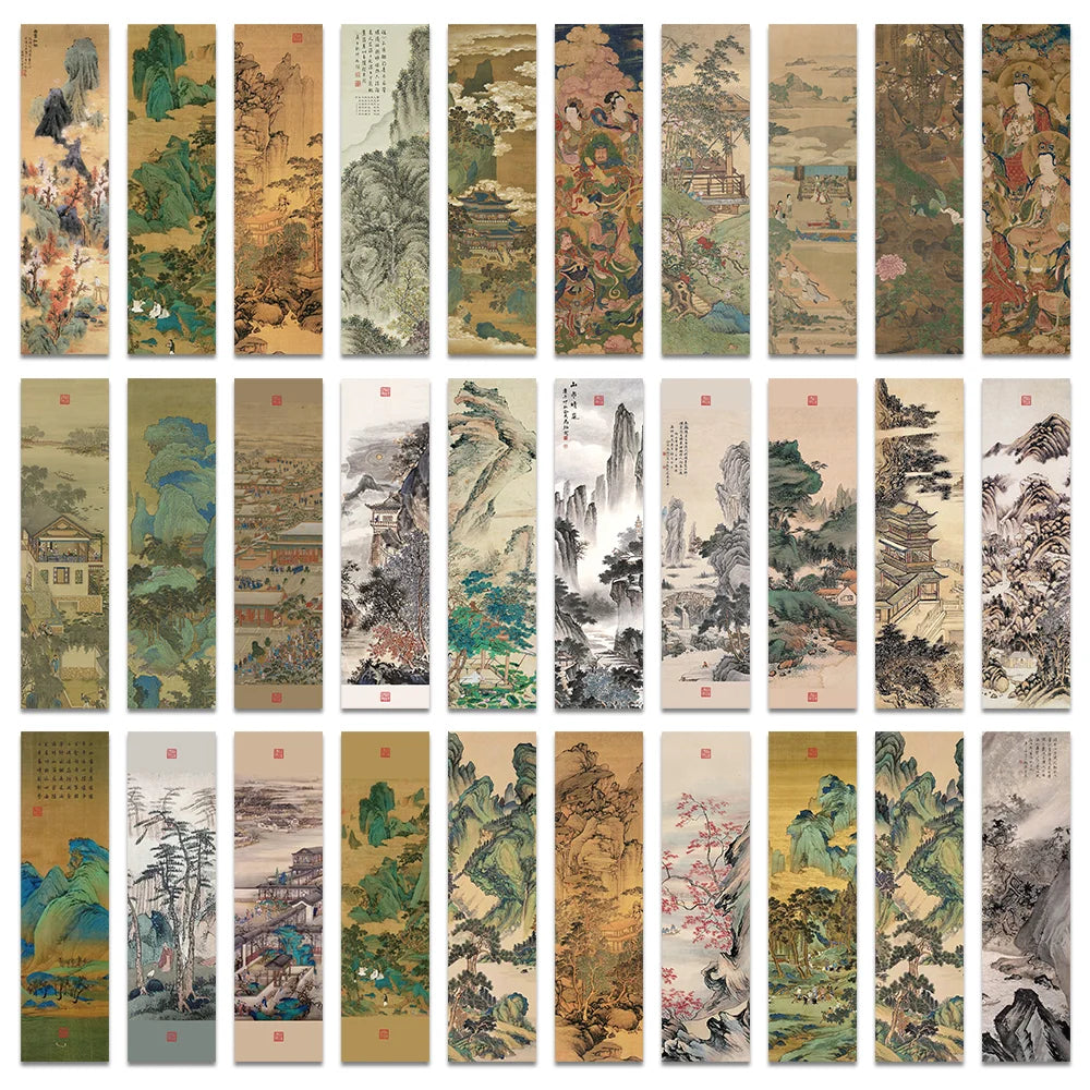30pcs Chinese calligraphy and painting bookmarks Classical ink painting poetry decoration Reading pages Book marking page folder