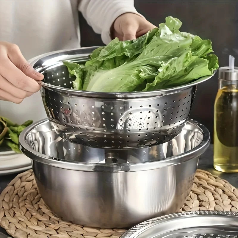 3-Piece Stainless Steel Multifunctional Strainer, and Mixing Bowl for Washing and Slicing Fruits, Vegetables