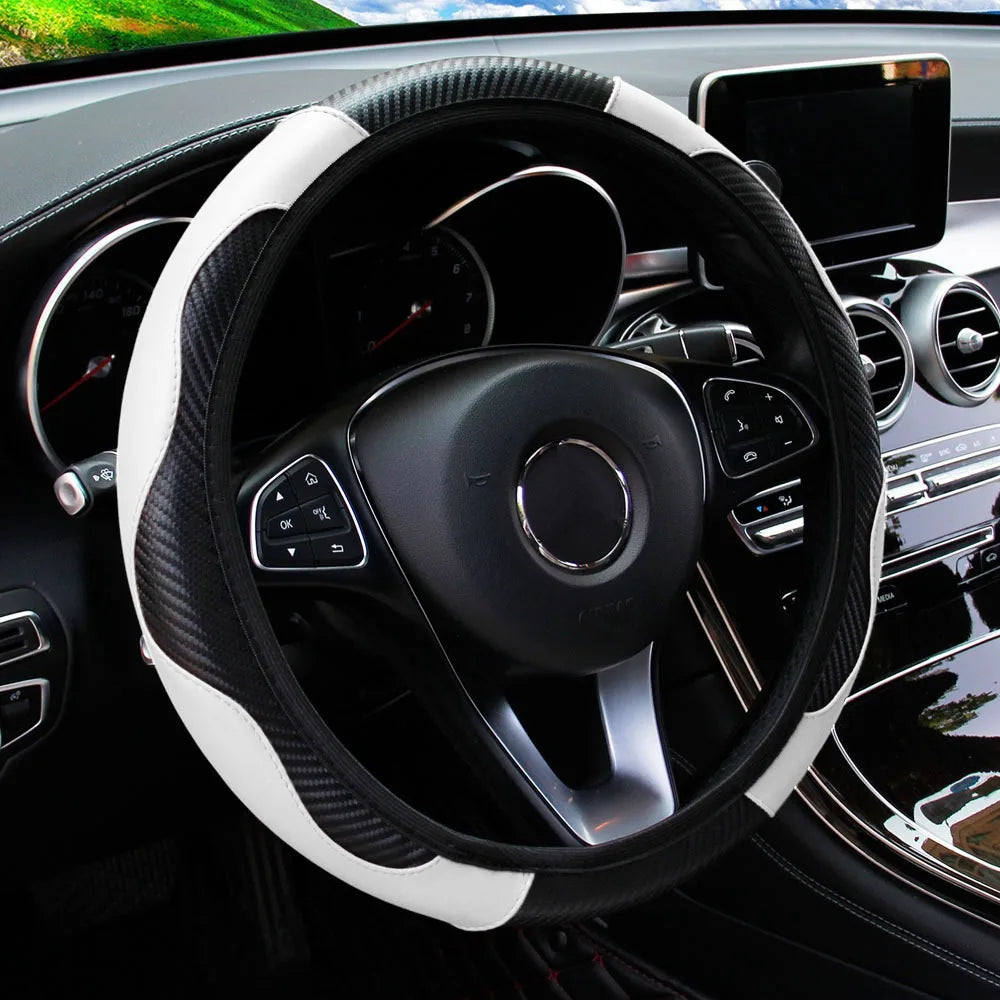 PU Carbon Fiber Leather Car Steering Wheel Cover Without Inner Ring Universal Suitable for 14.5-15 Inches of Automotive Supplies