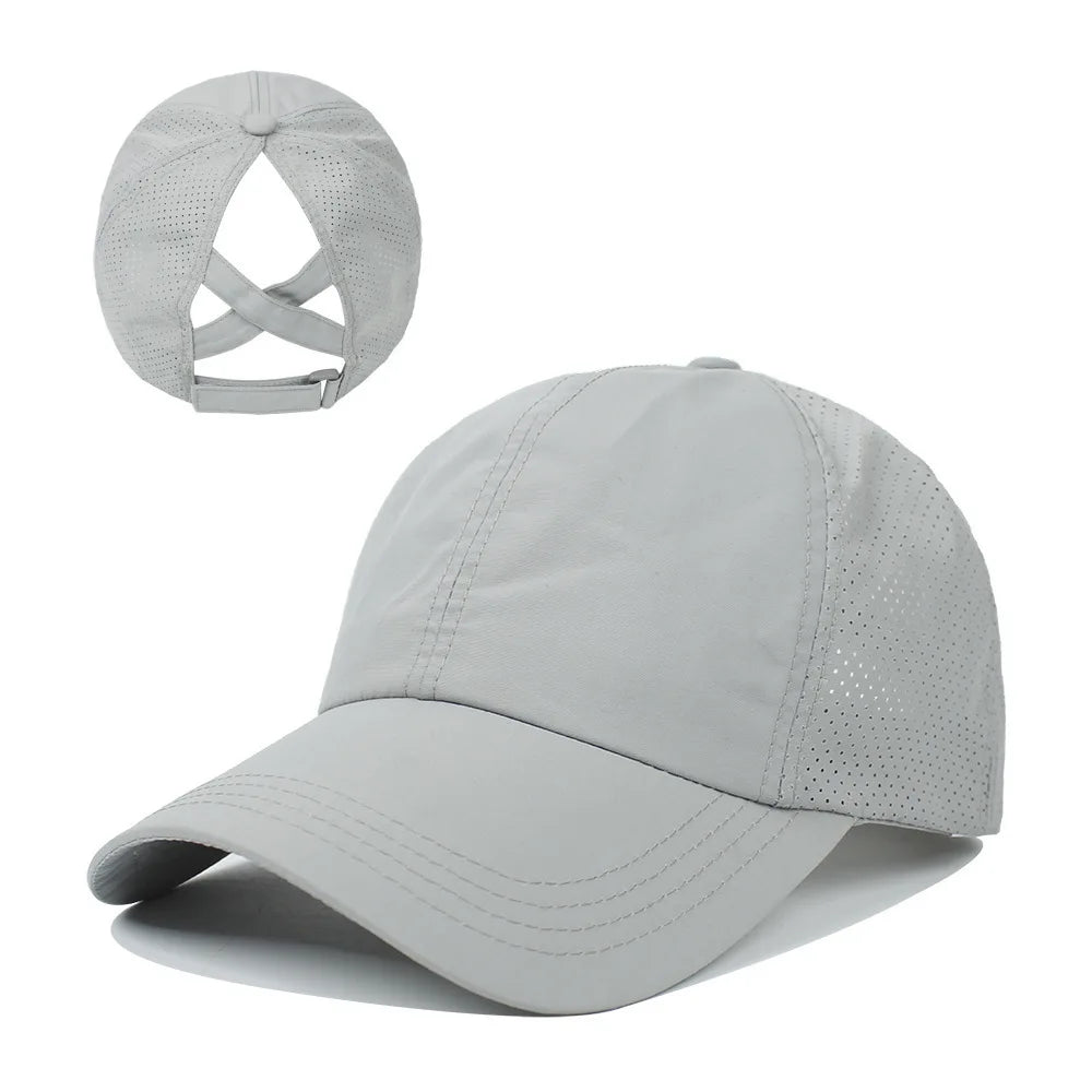 Summer Solid Color Baseball Cap Women's Athleisure Cross Ponytail Hat Mesh Quick-Drying Cap Visor Hat