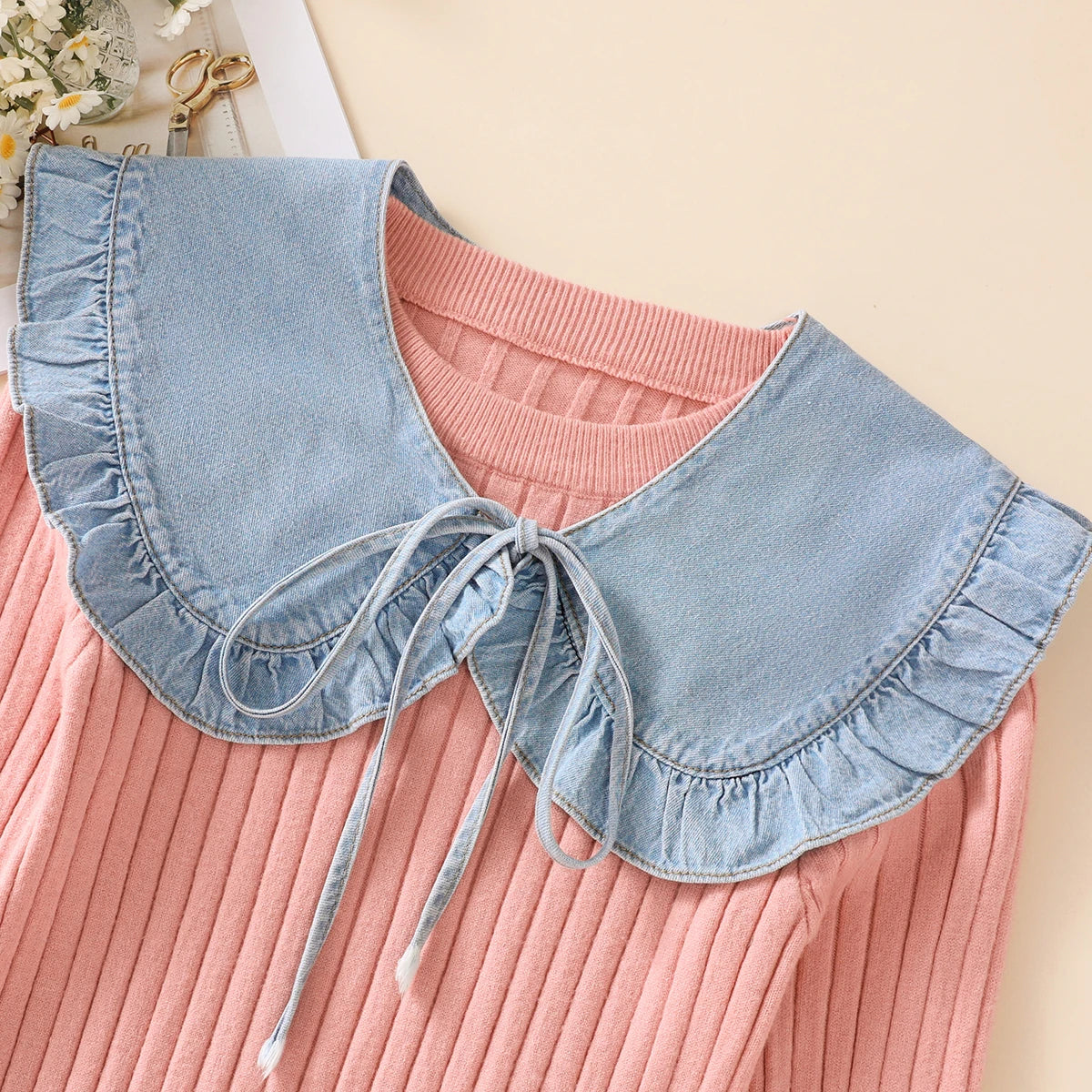 Women's Washed Denim Shawl Collar with Pleated Lace and Fashionable Fake Collar