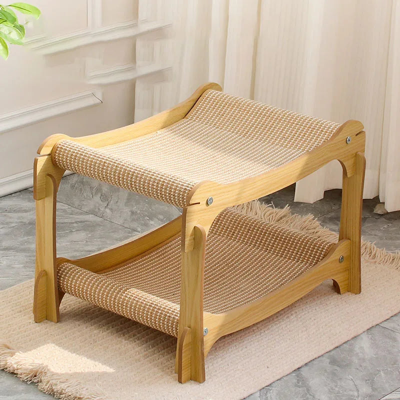 2 Tier Cat Hammock Bed Elevated Wooden Pet Bunk Beds For Indoor Cats Double Wooden Cat Bed Home Wood Raised Hanging Bed For Cats