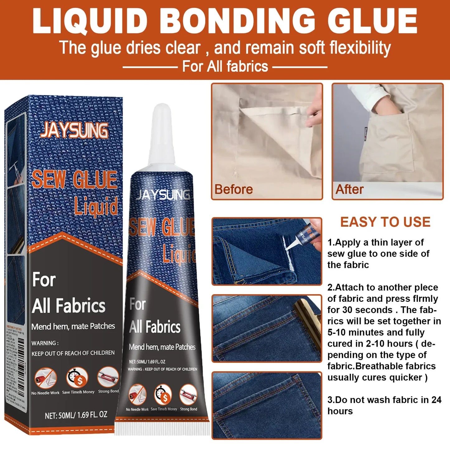 50ml/100ml Liquid Sew Glue Quick Dry Fabric Stitch Adhesive Versatile Fabric Patching Glue Waterproof for Clothing Textiles