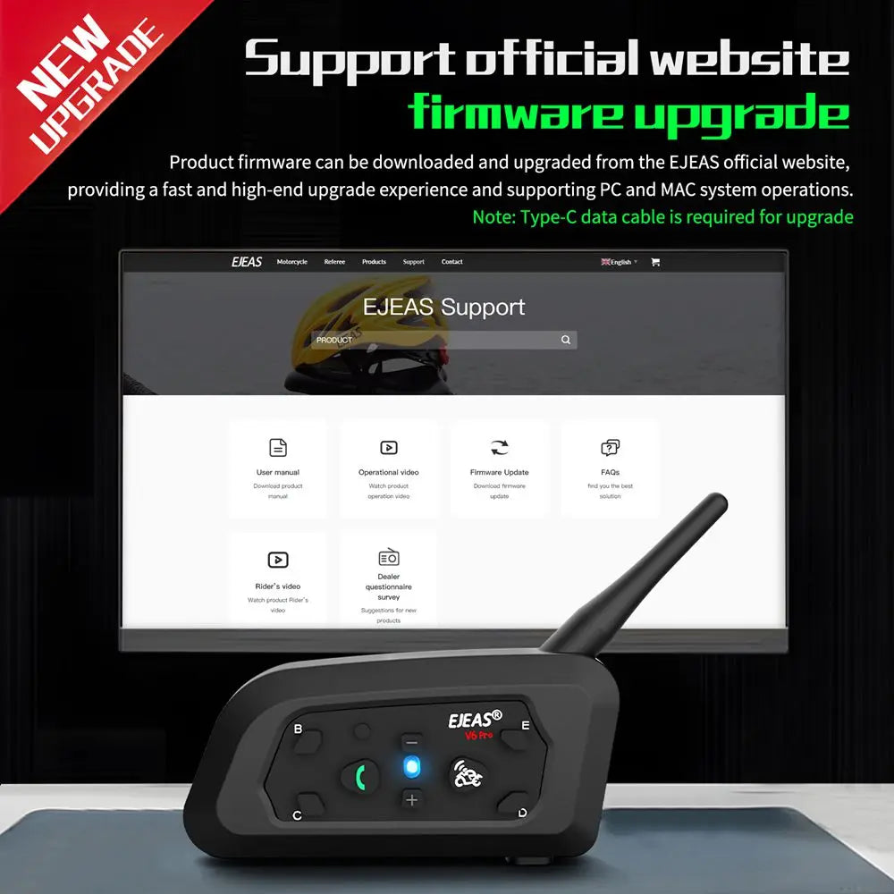 EJEAS V6 PRO+ Motorcycle Helmet Intercom Bluetooth Headset 6 Riders Communicator Waterproof V5.1 Music Player 800m Interphone