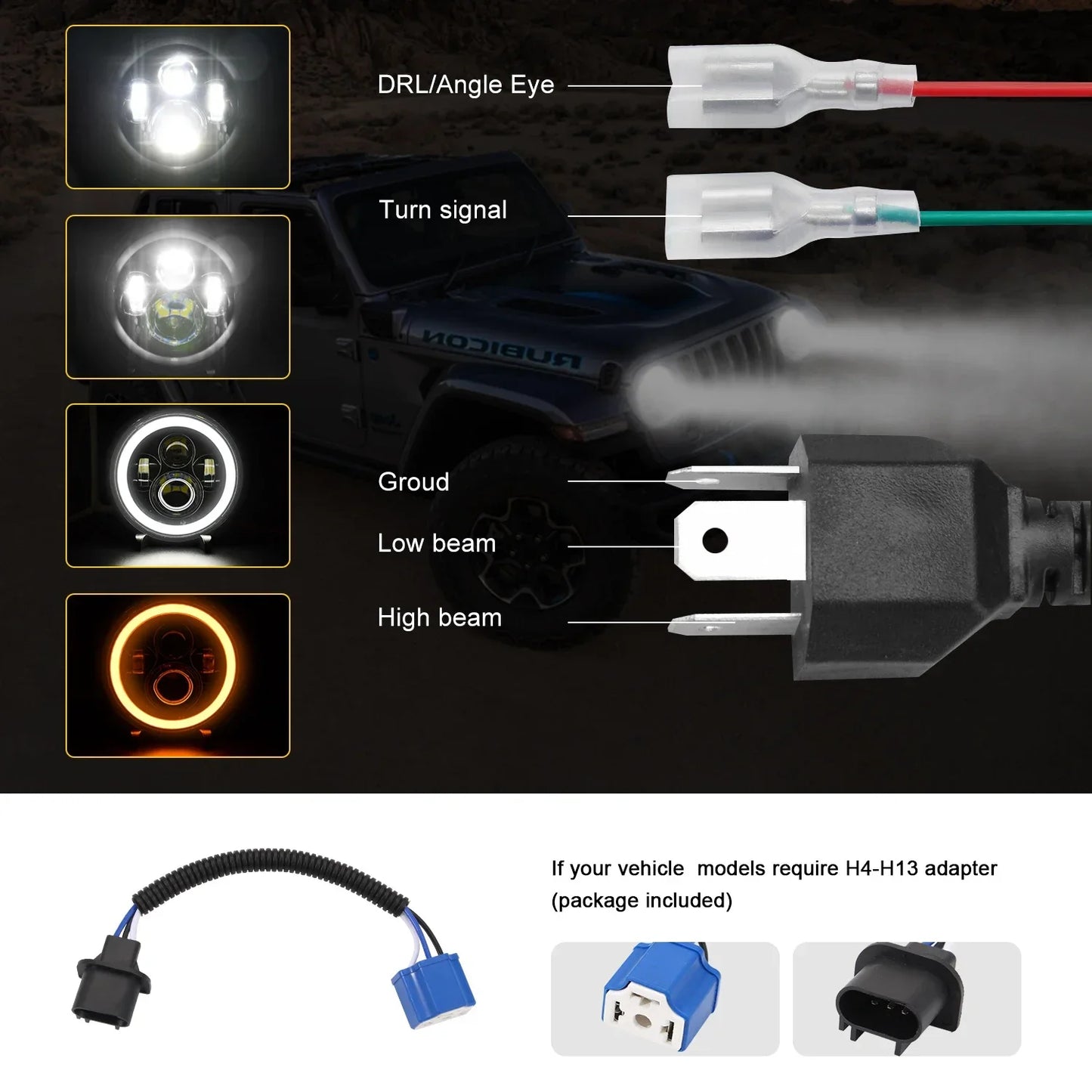 1Pcs 7 Inch Moto Car Led Headlight H4 Round Headlight with Amber Turn Signal For Jeep Wrangler JK TJ Headlamps