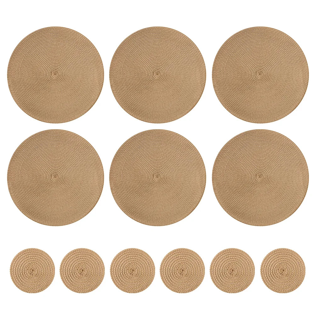 Set of 12 Round Braided Table Mat Washable Placemats Non Slip Heat Resistant for Kitchen Dining Tables Pad With Cup Coasters