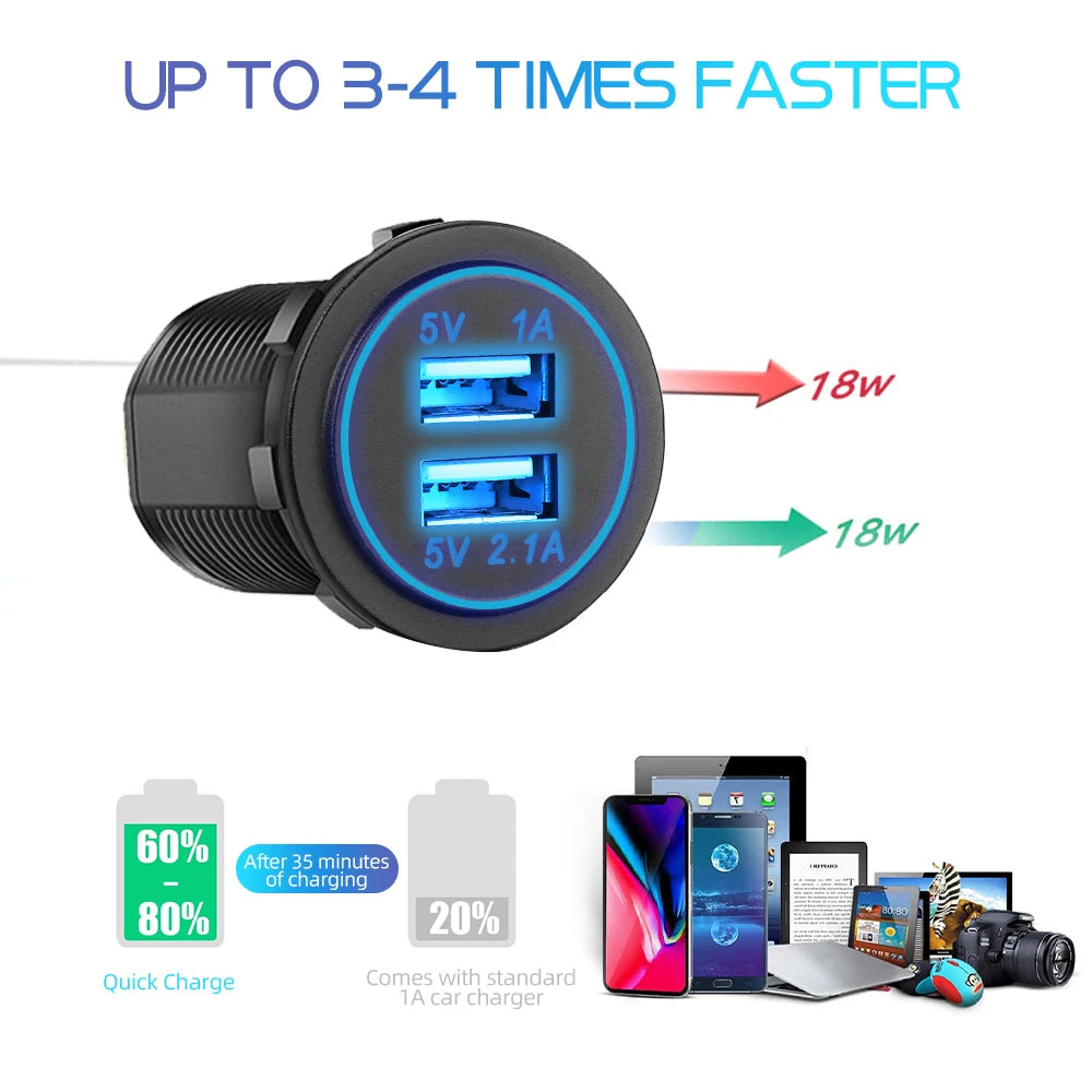 Dual USB 5V 3.1A 12V Car Charger with LED Panel Waterproof Power Adapter Socket Outlet for Vehicle Boat Truck Motorcycle
