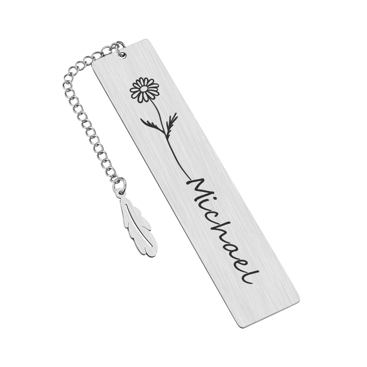 Personalized Birth Flower Bookmark With Name Text, Stainless Steel Customized Bar Birthday Gift For Women Daughter Sister Friend
