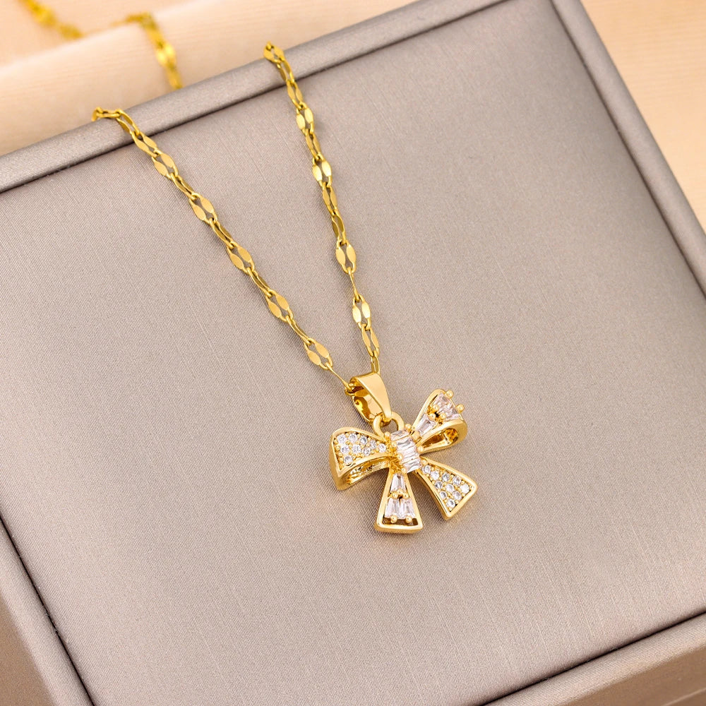 New Fashion Sweet Zircon Crystal Bowknot Pendant Necklaces For Women Temperament Gold Color Stainless Steel Neck Chain Jewelry