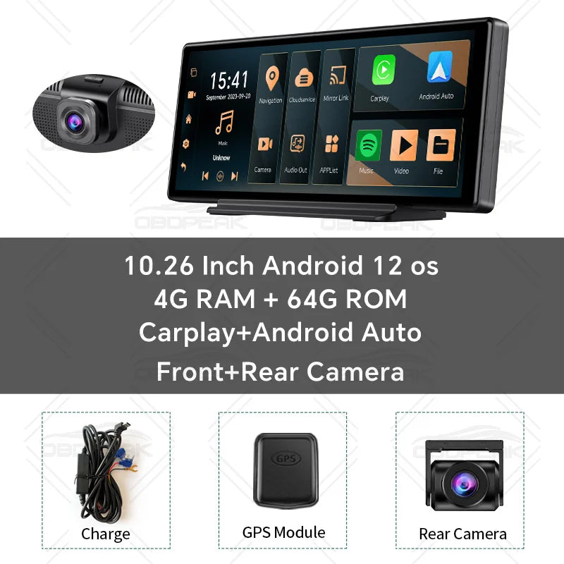 OBDPEAK K50 10.26'' Dashboard 4G+64G Android 13 AI Screen Dash Cam GPS Navigation Carplay Android AUTO Dual Lens Video Recorder
