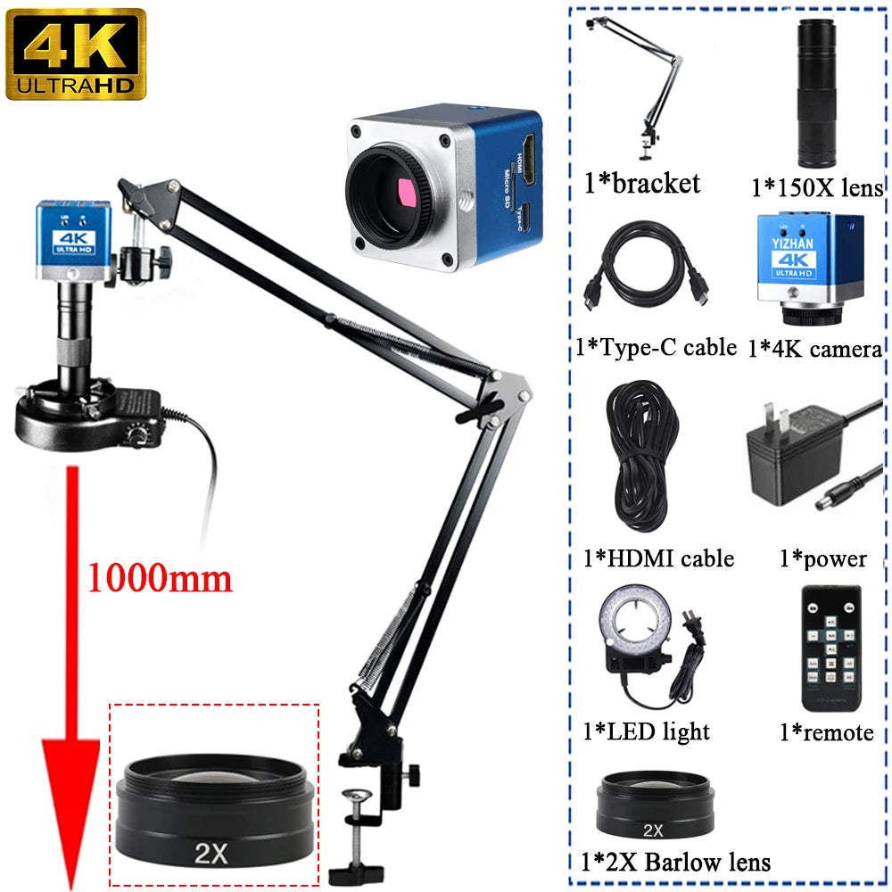 YIZHAN 4K UHD Digital Microscope 60MP Industrial Microscope 150X Lens 0.3X 0.5X 2X OBL for PCB Soldering/Jewelry Repair/Dentist
