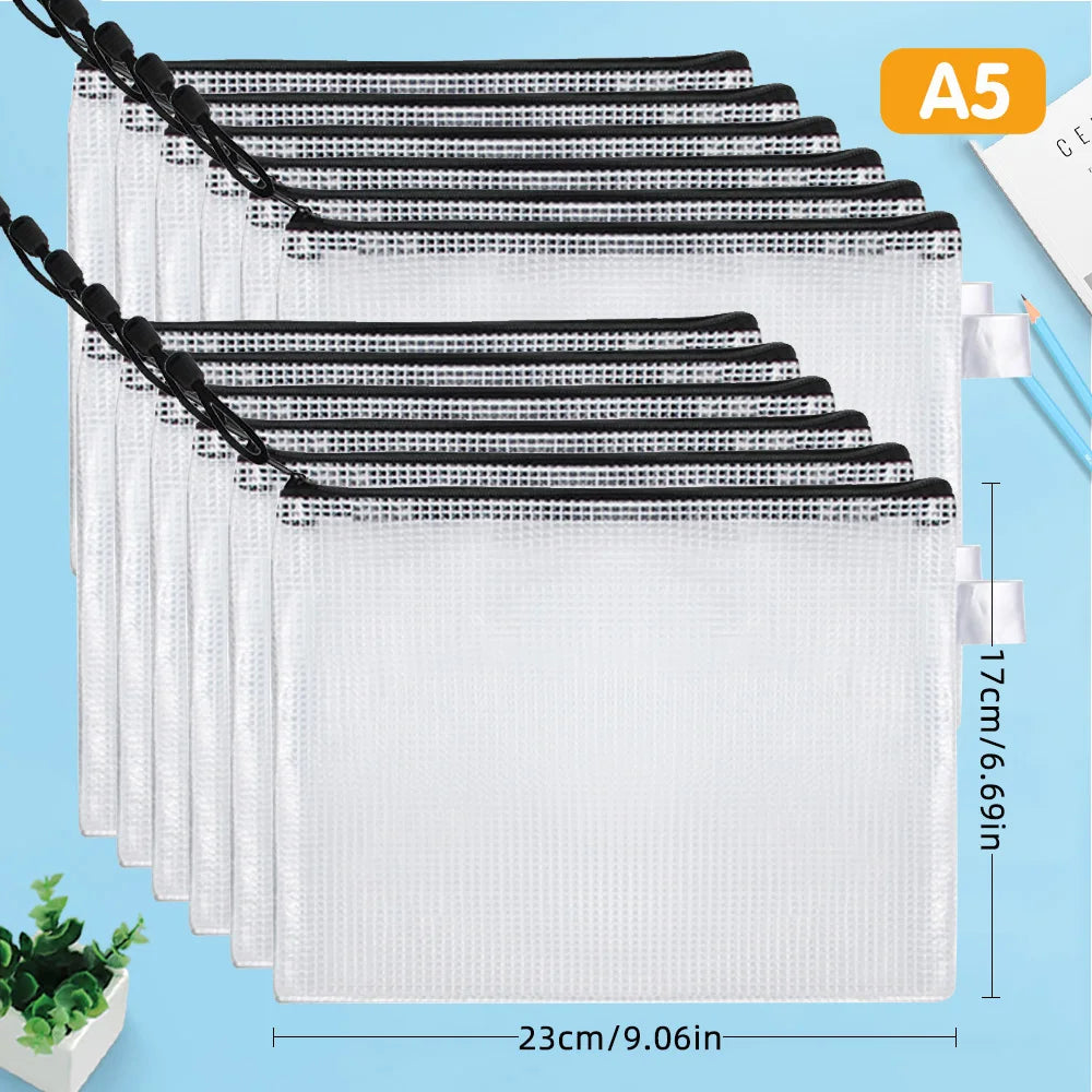 12-piece plastic mesh zip file bag, waterproof and tear-resistant file folder, multi-size zip file bag for school office home tr