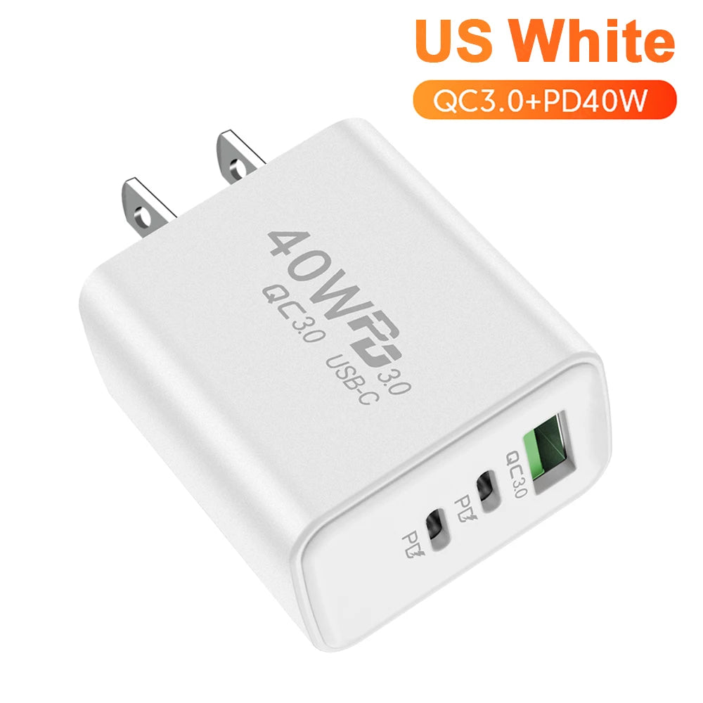 PD 60W USB Charger 3 Ports Type C Fast Charging Phone Charger Adapter For iPhone Xiaomi Samsung Huawei EU/US Plug Wall Charger
