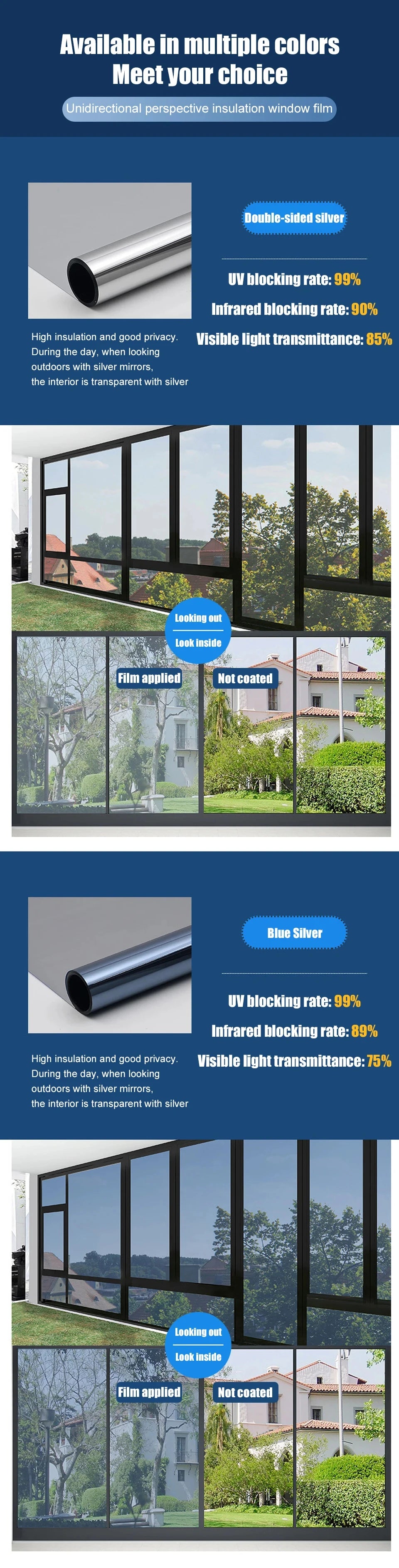 House Anti Look Window Privacy Film Adhesive Vinyl Mirror Foil One Way Car Glass Screen Tint Stickers Rolls UV Protection Tools