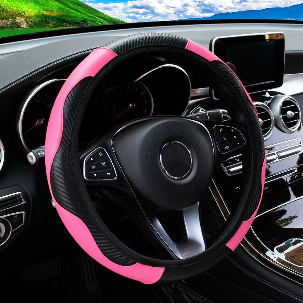 PU Carbon Fiber Leather Car Steering Wheel Cover Without Inner Ring Universal Suitable for 14.5-15 Inches of Automotive Supplies