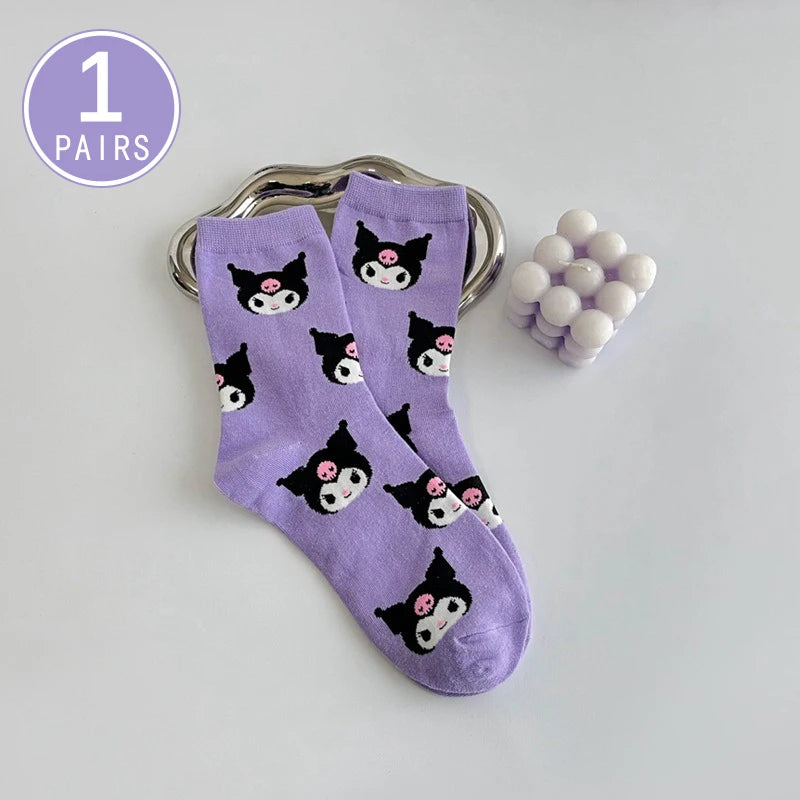 1/5 Pair of Fashionable and High Aesthetic Dreamy Party Sanrio Cute Cartoon Kawaii Purple Kuromi Women's Exquisite Stockings