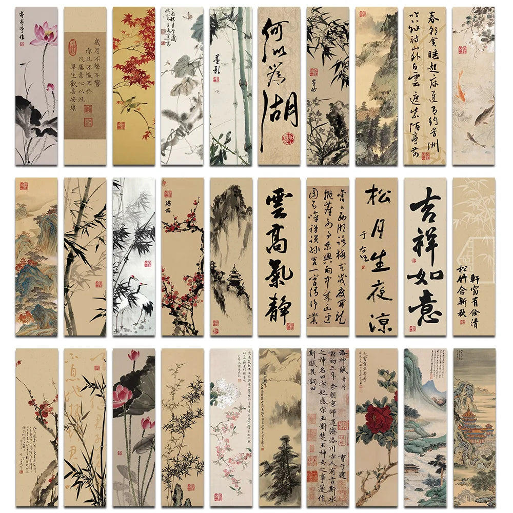 30pcs Chinese calligraphy and painting bookmarks Classical ink painting poetry decoration Reading pages Book marking page folder
