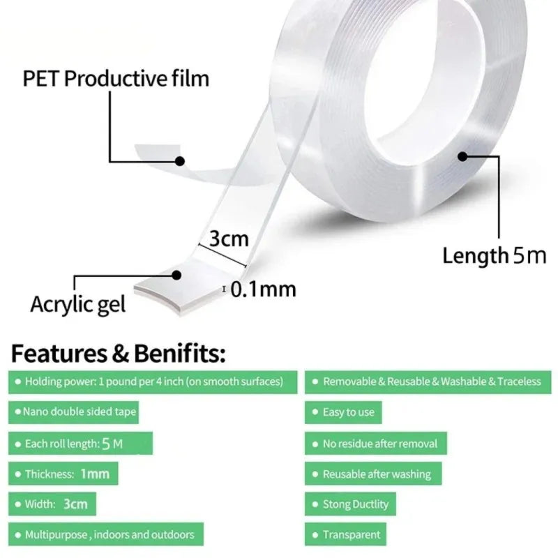 1M/5M Nano Tape Double Sided Tape Transparent NoTrace Reusable Waterproof Adhesive Tape Cleanable Home Gekkotape