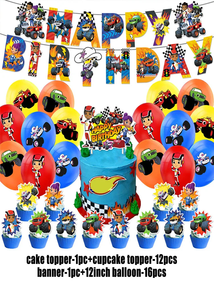 Blaze Monster Machines Theme Birthday Party Supplies Decor Cartoon Truck Balloon Banner Backdrops Cupcake Topper for Kids Gifts