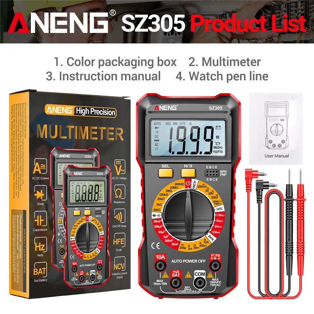 Professional Multimeter Digital Tester ANENG SZ305 AC/DC Voltage Ammeter Capacitor Triode NCV Voltage Induction Electrician Tool