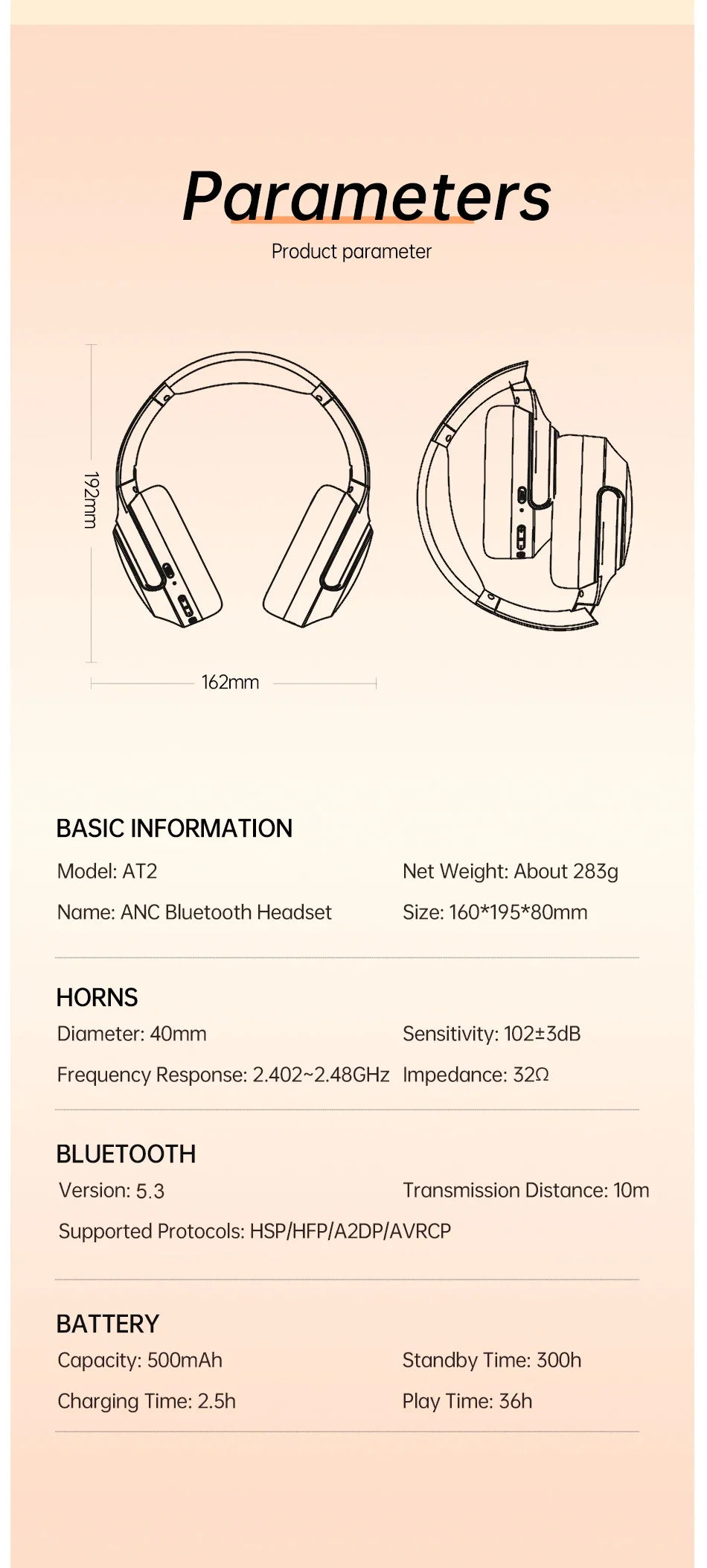 Awei AT2 ANC Wireless Headphones Over-Ear 30dB ANC Headphone Bluetooth 5.3 40mm Dynamic Driver Long Battery Life Earphones