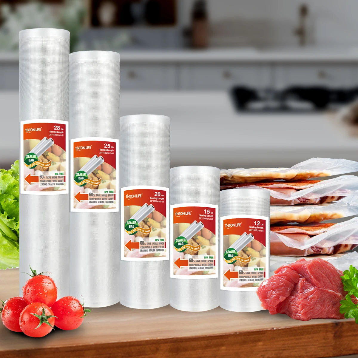 TINTON LIFE Food vacuum sealer Storage saver bags Vacuum Plastic rolls 5 size Bags For Kitchen Vacuum Sealer to keep food fresh