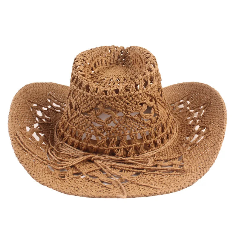 New Fashion Hollowed Handmade Cowboy Straw Hat Round Collapsible Western Cowboy Beach Hat Photo Props Western Sunshade Cap