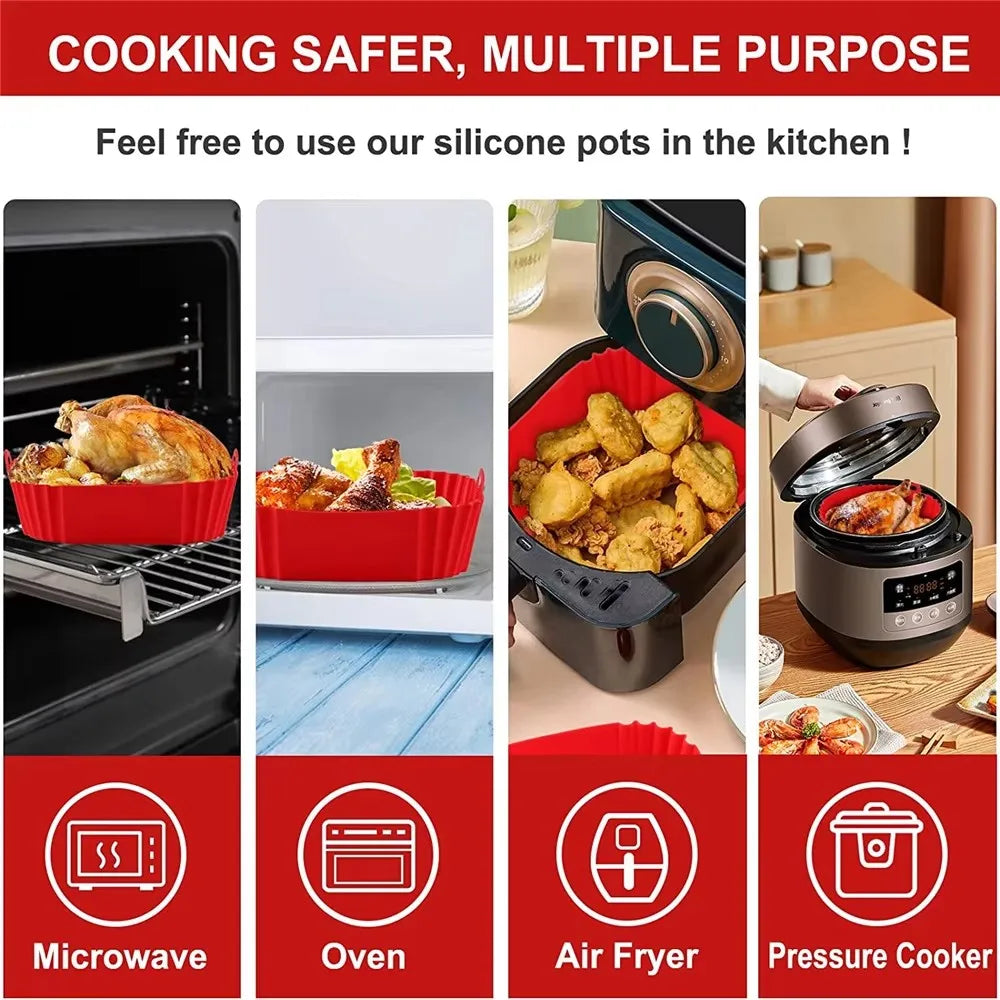 1PC Air Fryer Oven Baking Tray Reusable Silicone Tray Fried Chicken Pizza Mat Square Oilless Silicone Pan Air Fryer Accessories