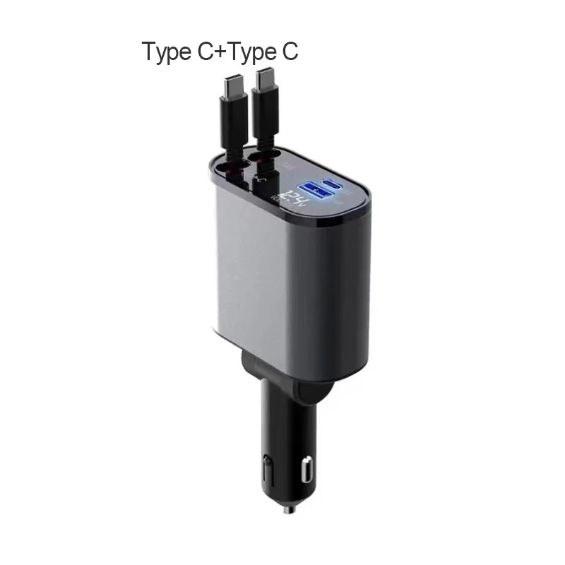 4 IN 1 Car Charger Fast Charging USB Type C 100W LED Car Phone Charger Retractable Cable Adapter For iphone Samsung HuaweI