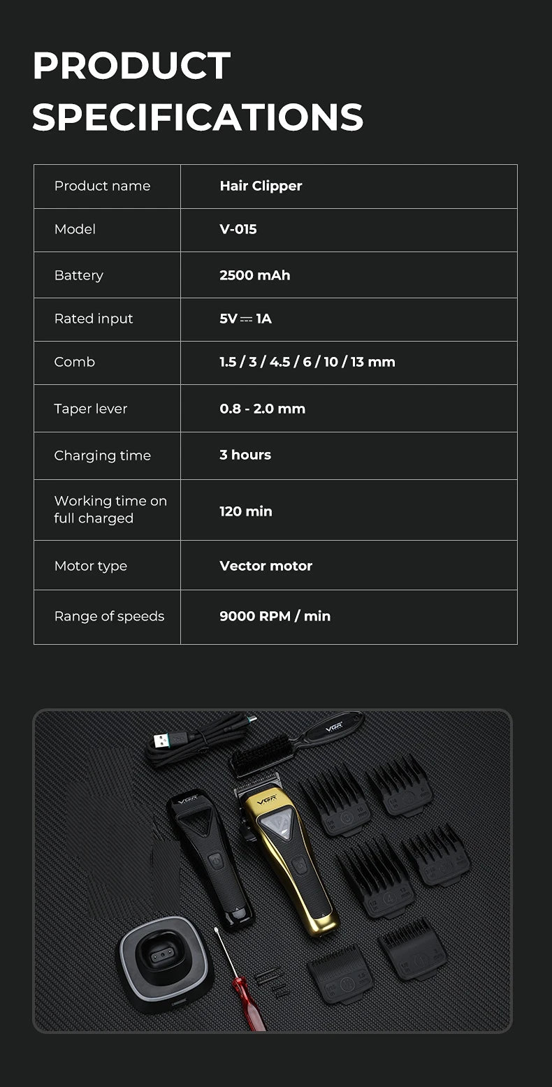 VGR Hair Clipper Professional Hair Trimmer Electric Hair Cutting Machine Vector Motor Haircut 9000 RPM Clipper for Men V-015