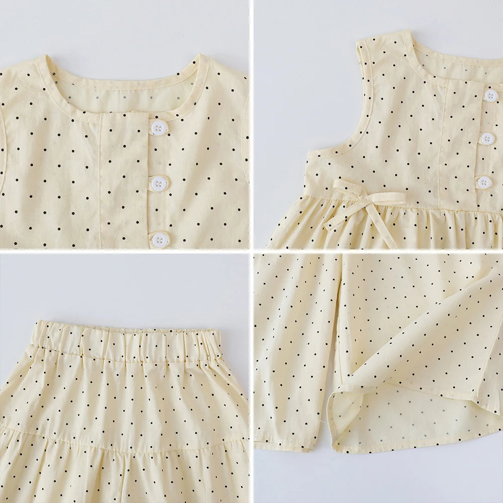 Bear Leader Baby Girl's Casual Clothing Round Neck Sleeveless Polka Dot Top+Wide Leg Pants Set with Bow and Botton 2PCS Set