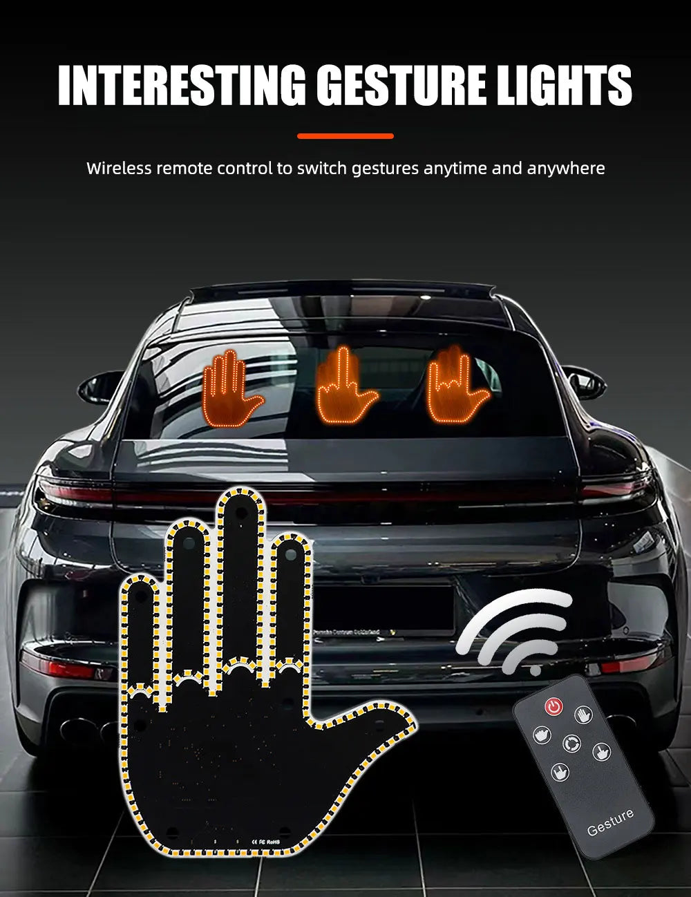 Funny Car Finger Light with Remote, Road Rage Signs Middle Finger Gesture Light,Auto Amber Warning Brake Light Car Accessories
