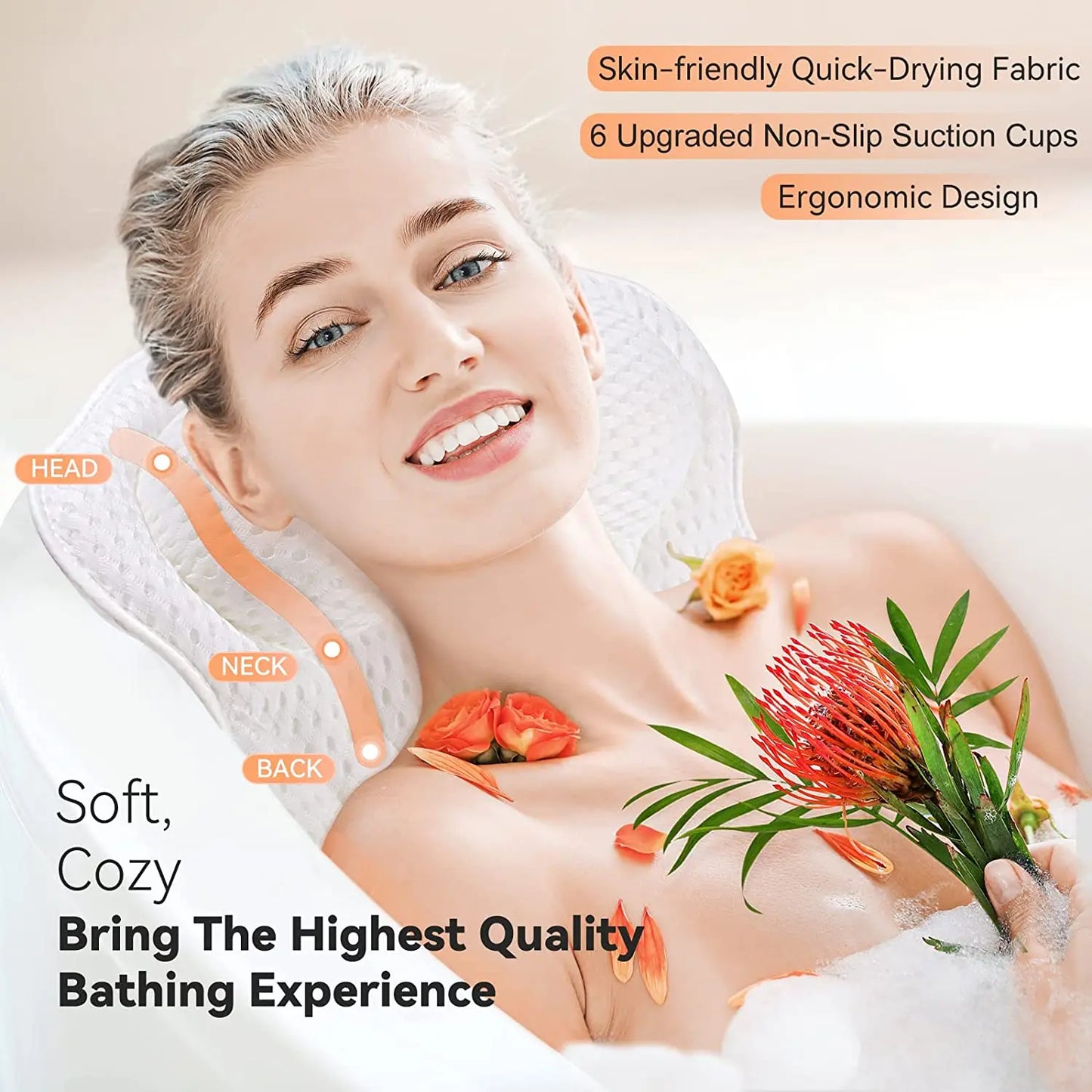 Bathtub Pillow for Tub, Bath Pillow for Neck & Back Support with Strong Suction Cups, Soft Spa Bath Pillow