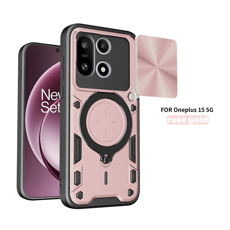 Armor Funda For OnePlus 15 5G Case Slide Camera Lens Protect Back Cover For One Plus 15 OnePlus15 Car Magnetic Holder Ring Cover