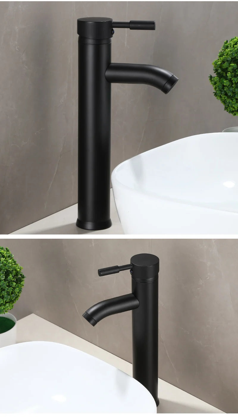 Black Minimalist Style Bathroom Faucet Hot Cold Water Sink Mixer Tap Stainless Steel Basin Faucets