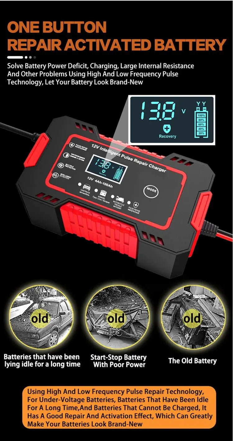 1 Set 12V6A Battery Charger Car/Motorcycle Charger Digital Display Suitable for Lead Acid Batteries EU Plug Reverse Protection