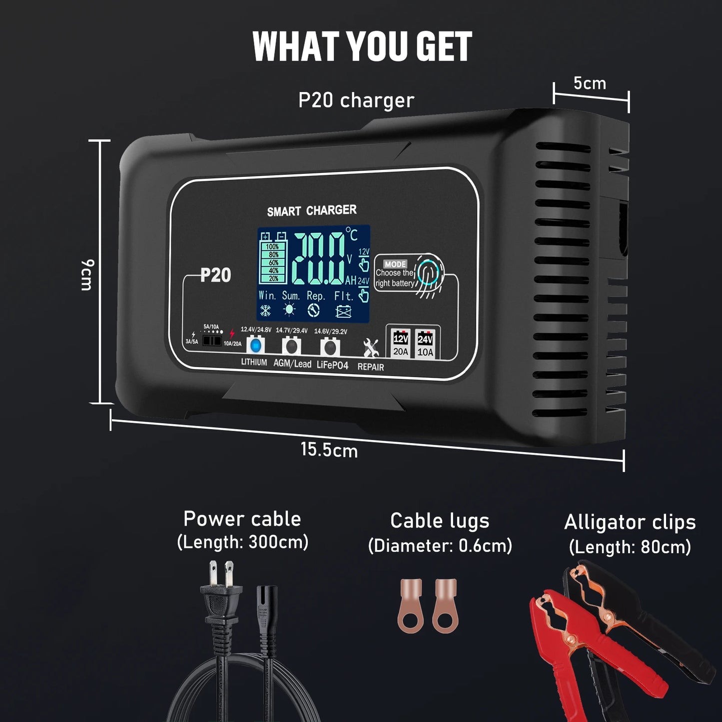 EAFC 10A/15A/20A Car Battery Charger 12V 24V Smart Charger for Lead-Acid PB AGM LiFePO4 Batteri Automatic Motorcycle Charger