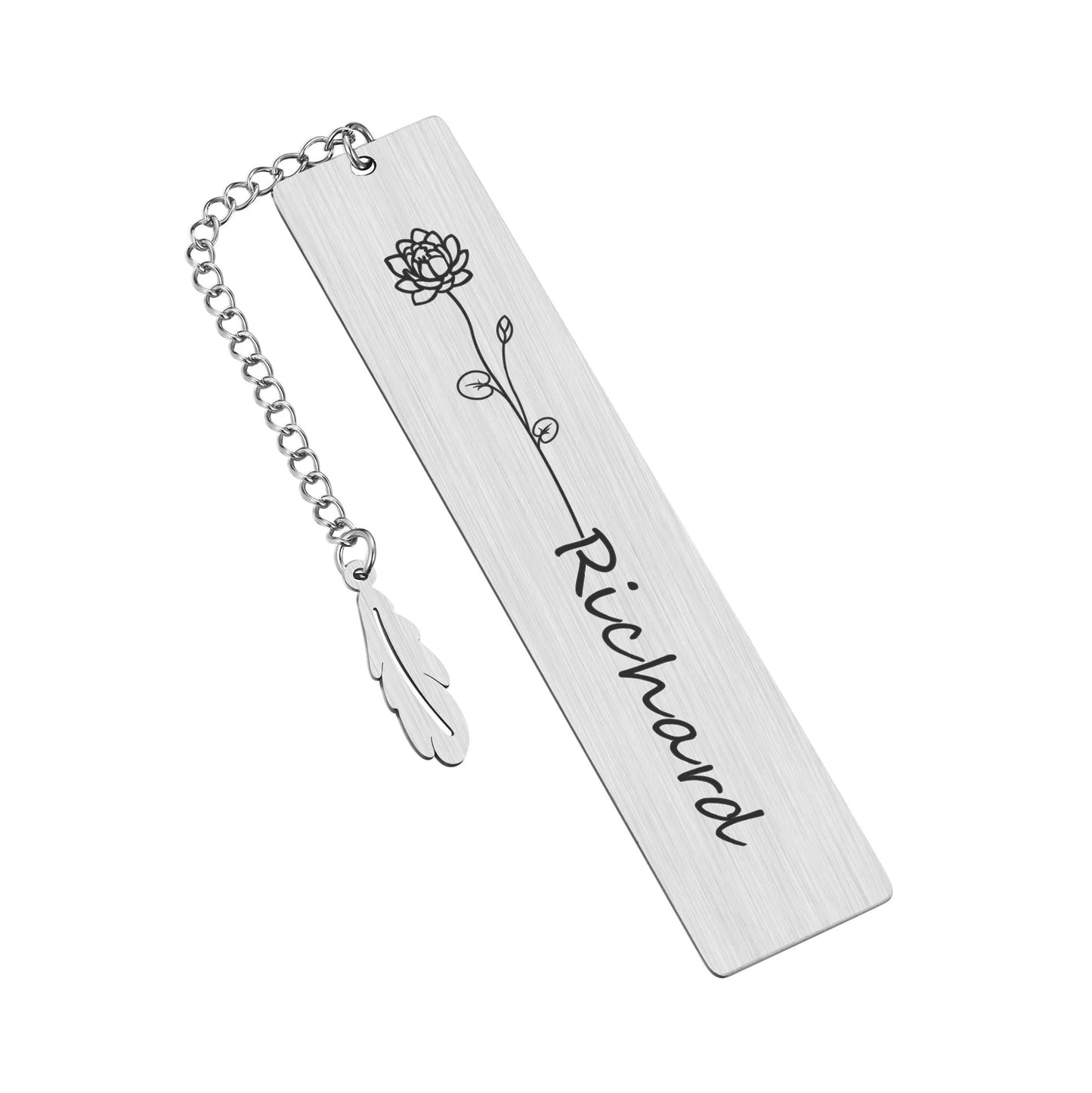 Personalized Birth Flower Bookmark With Name Text, Stainless Steel Customized Bar Birthday Gift For Women Daughter Sister Friend
