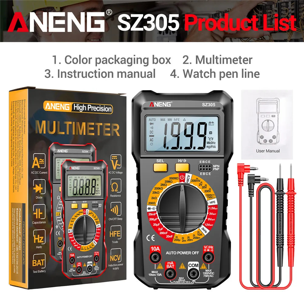 Professional Multimeter Digital Tester ANENG SZ305 AC/DC Voltage Ammeter Capacitor Triode NCV Voltage Induction Electrician Tool